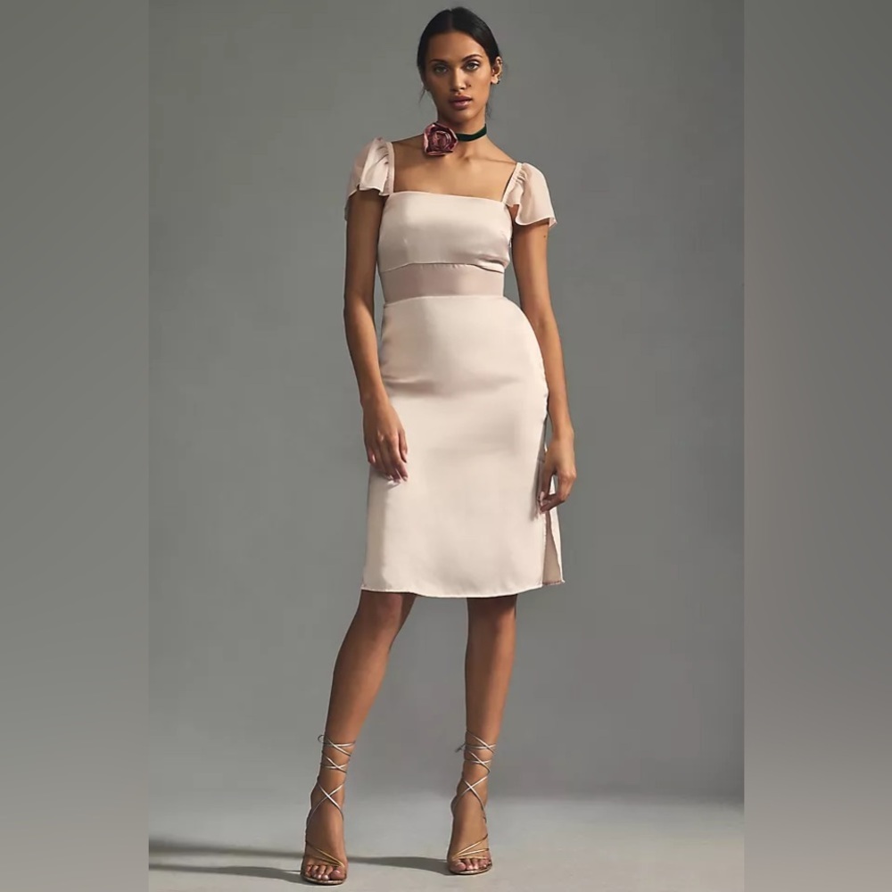 By Anthropologie Flutter-Sleeve Satin Sheath Dress in Light Sand